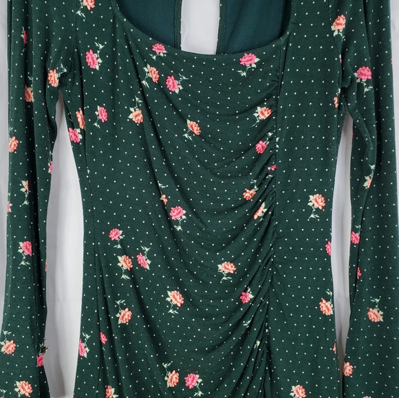 Free People Green Pink Flowers Celine Ruched Key Hole Back Mini Dress Sz S. - Picture 5 of 13